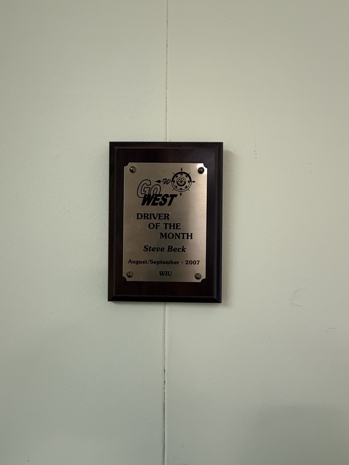 Go West Driver of the Month plaque for Steve Beck, August and September 2007